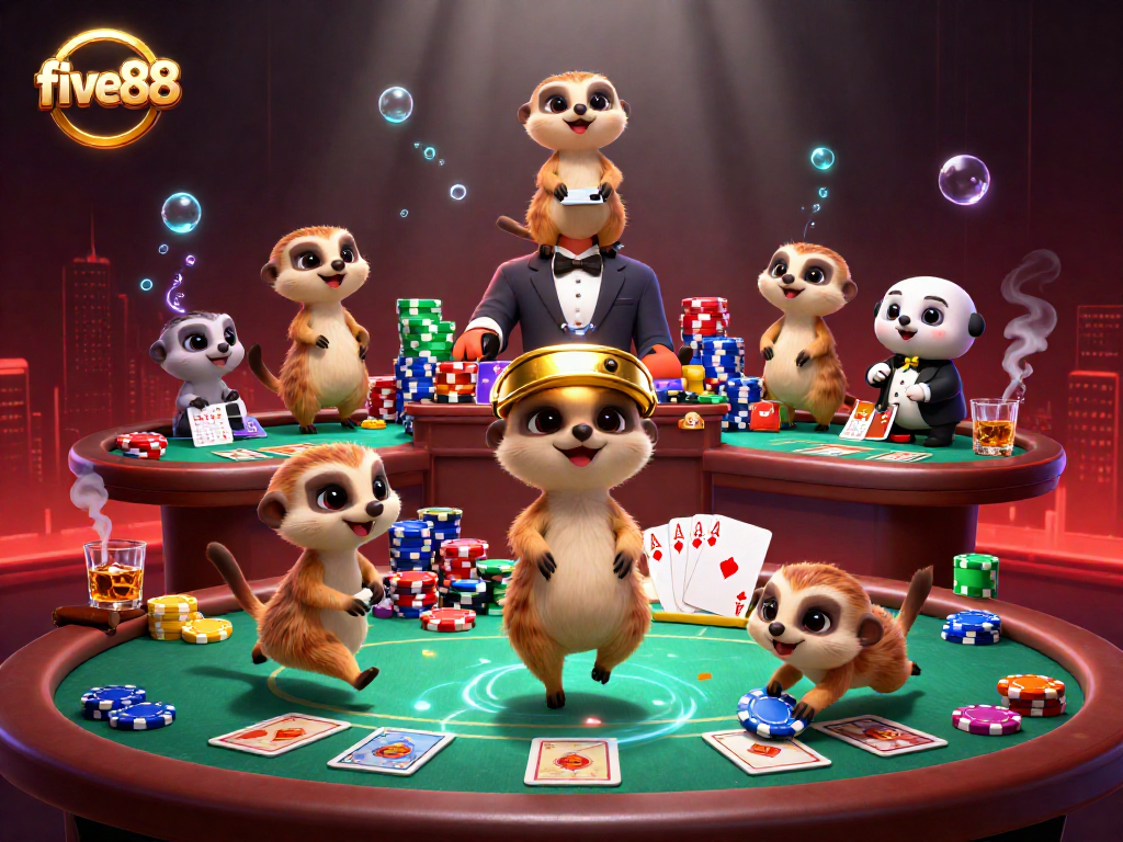 Experience the excitement of five88's casino games with meerkats engaging in poker and betting activities.