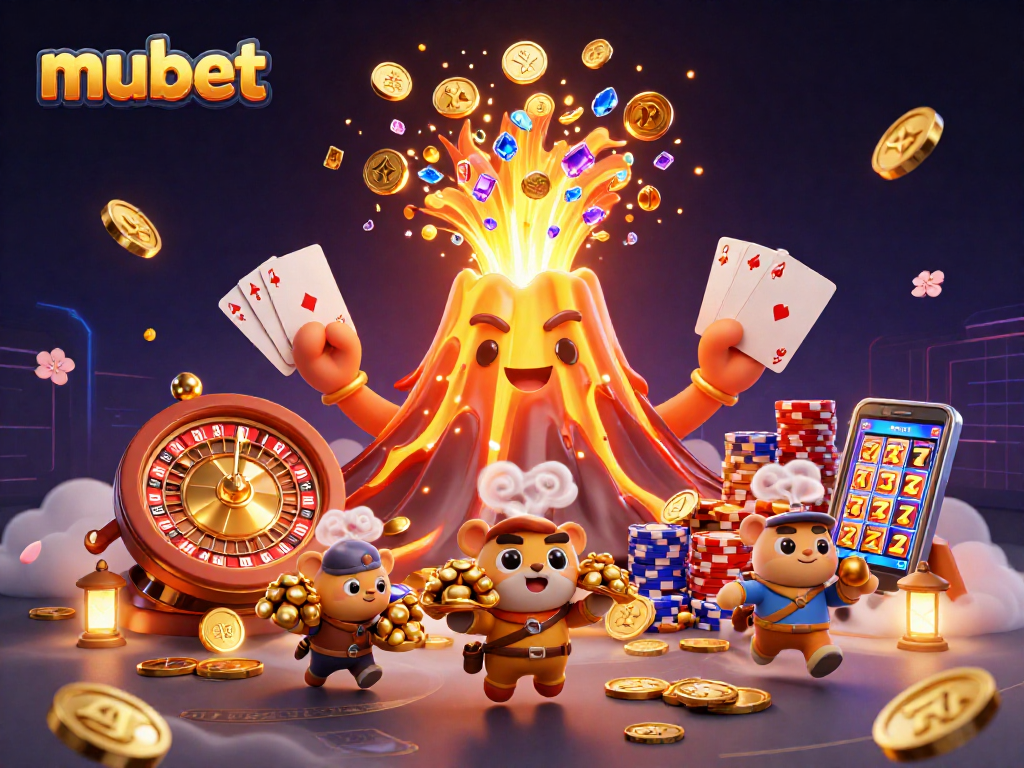 Win big with Mubet! 3D illustration of a golden volcano erupting treasures and excitement.