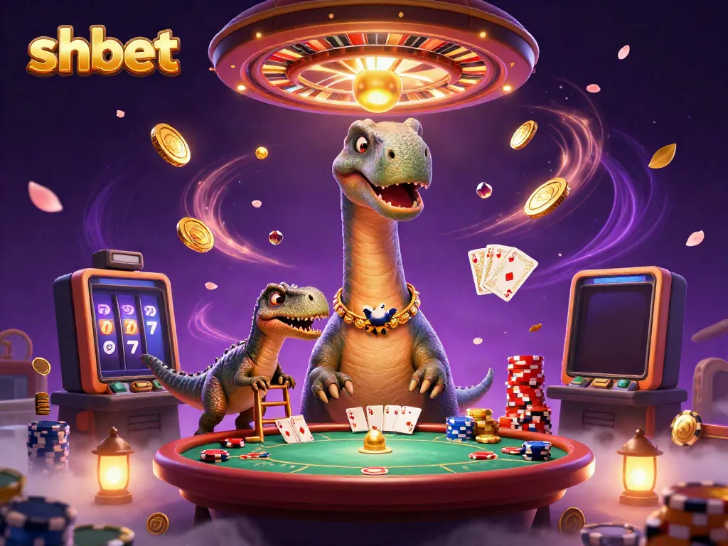 Engage with shbet's dynamic casino scene featuring a brontosaurus, clever raptor, and vibrant game elements.