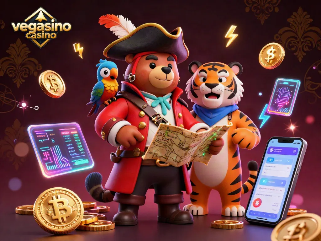 Engage with the vegasino casino world as a cartoon pirate captain bear navigates a treasure of crypto elements.
