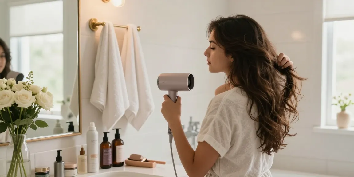 Woman using a mini blow dryer in a serene bathroom, styled with beauty products and natural light.