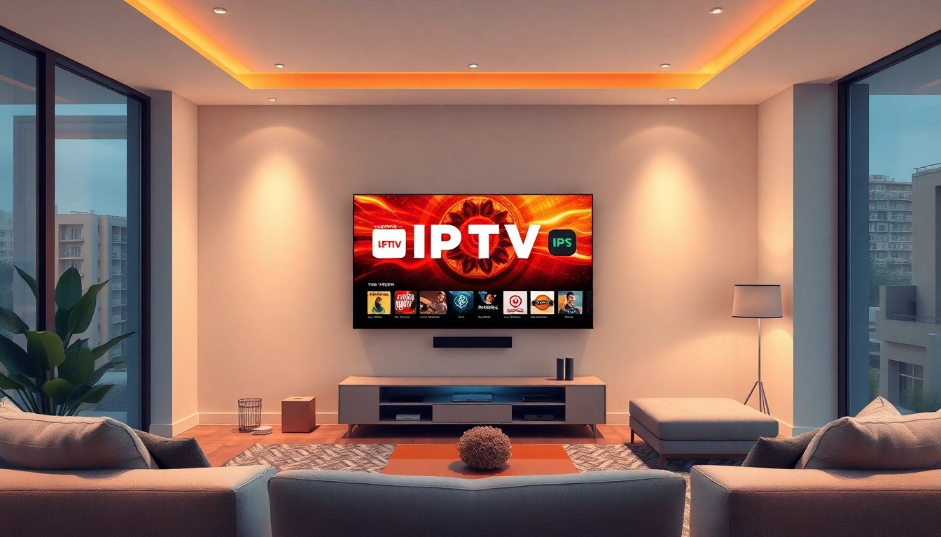 Seamlessly enjoy iptv kaufen on a large screen displaying diverse channels in a modern living room setting.