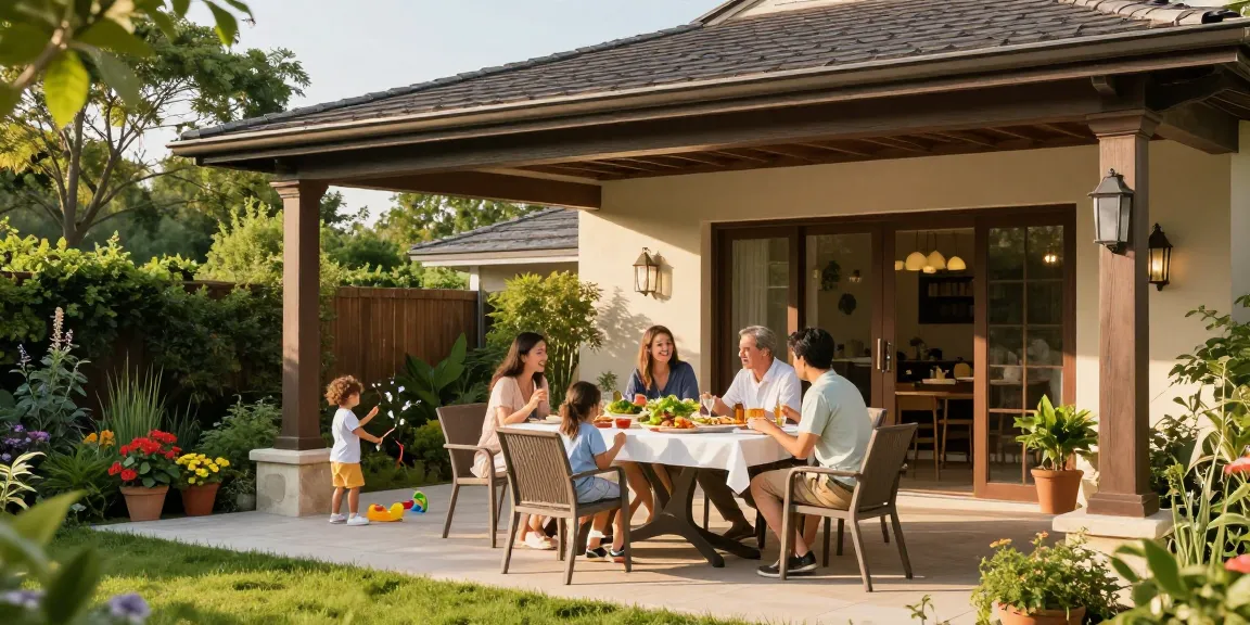 Terrassenüberdachungen bieten Schatten und stilvollen Schutz für Familienessen im Garten.