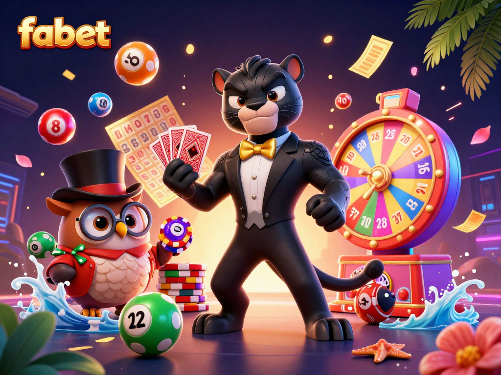 FABET features a stylish black panther dealing cards with vibrant casino elements, showcasing imaginative gambling themes.