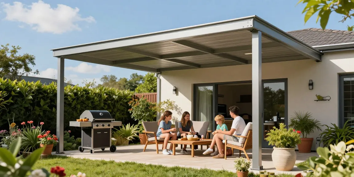 Moderne Terrassenüberdachung mit Familie bei Sonnenschein.