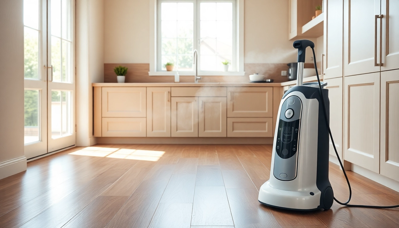 Efficiently using a dampfreiniger for sparkling clean floors in a bright, modern kitchen environment.