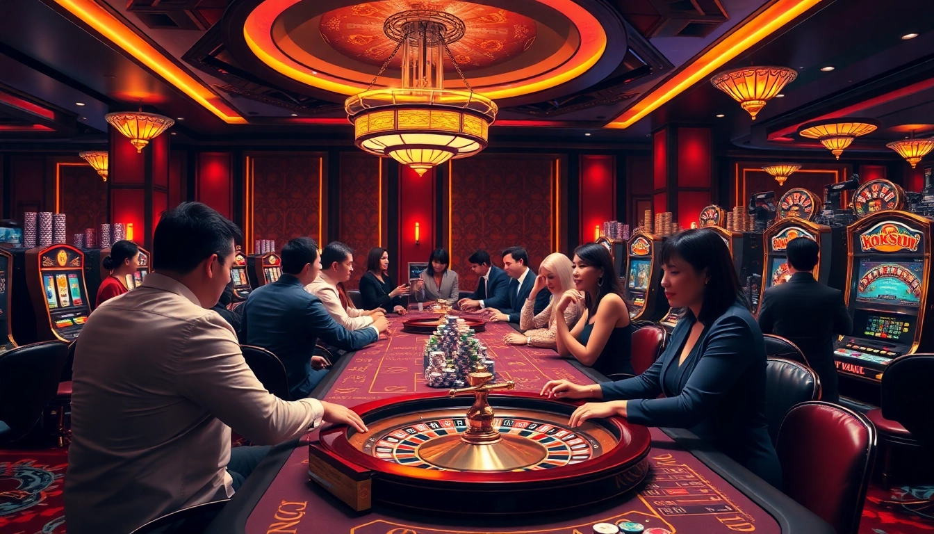 players enjoying their time at the luckywin casino with roulette and poker chips