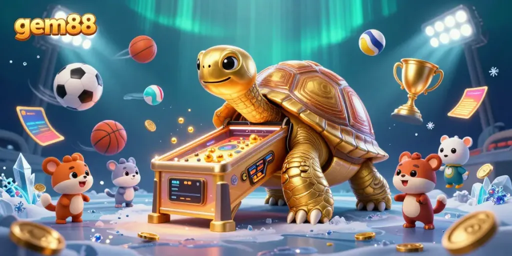 Experience thrilling gameplay at gem88 with a golden tortoise pinball machine and excited players.