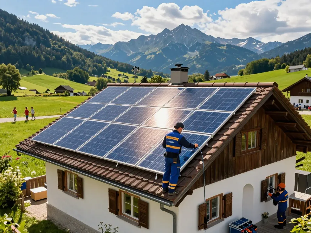 Photovoltaik Bayern Solarplatteninstallation in malerischem Bayern mit Techniker.
