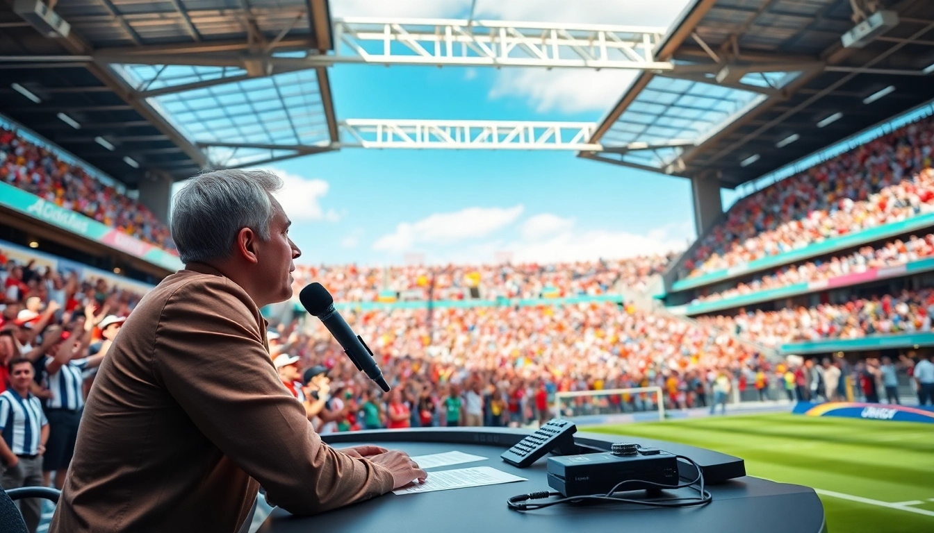 Exciting Sports Broadcasting scene with a broadcaster in a stadium as the crowd cheers.