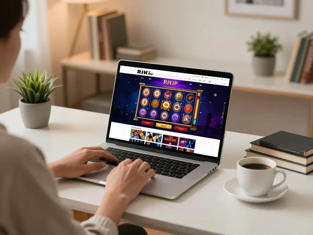 Enjoying RIK VIP online gaming experience with vibrant slot interface in cozy home office setting.