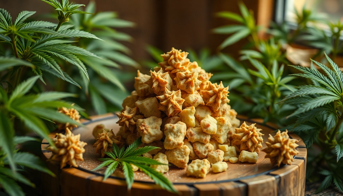 Frisch gebackene cannabis kekse auf einem Holzbrett, umgeben von grünen Kräutern und einer warmen Atmosphäre.