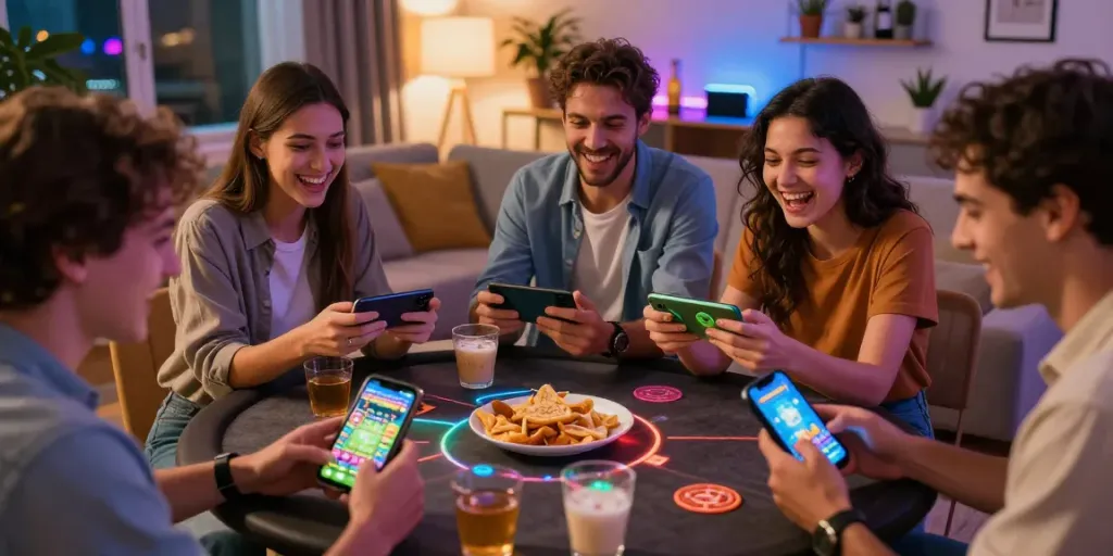 Freunde spielen mobile Casino Apps in einem lebhaften Wohnzimmer voller Spaß und Aufregung.