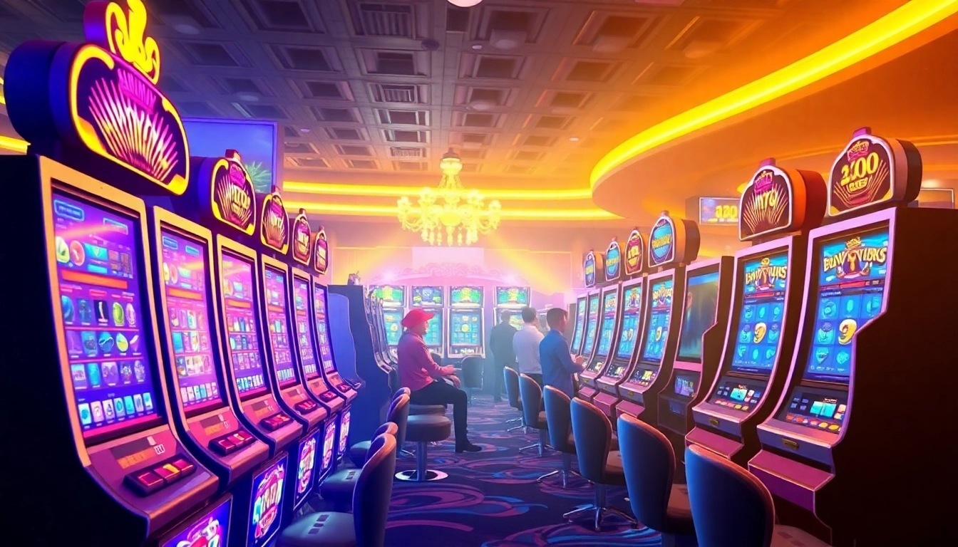 Erlebe den Online Casino Bonus mit aufregenden Spielautomaten und jubelnden Spielern in einer festlichen Umgebung.