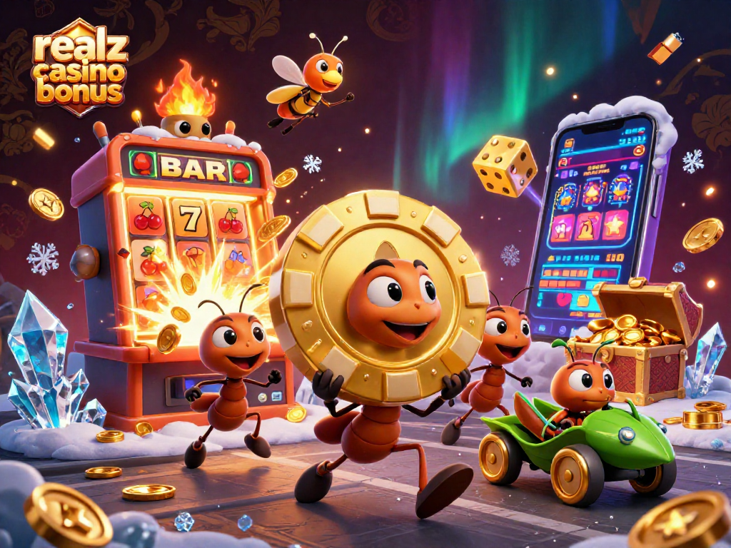 Erforsche den Realz Casino Bonus mit einer spannenden Darstellung eines Teams von Ameisen, die einen riesigen Pokerchip tragen.