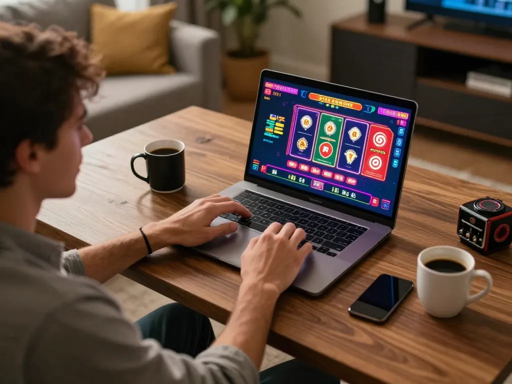 Player enjoying online rikvip gameplay on laptop in a cozy home setting with vibrant graphics