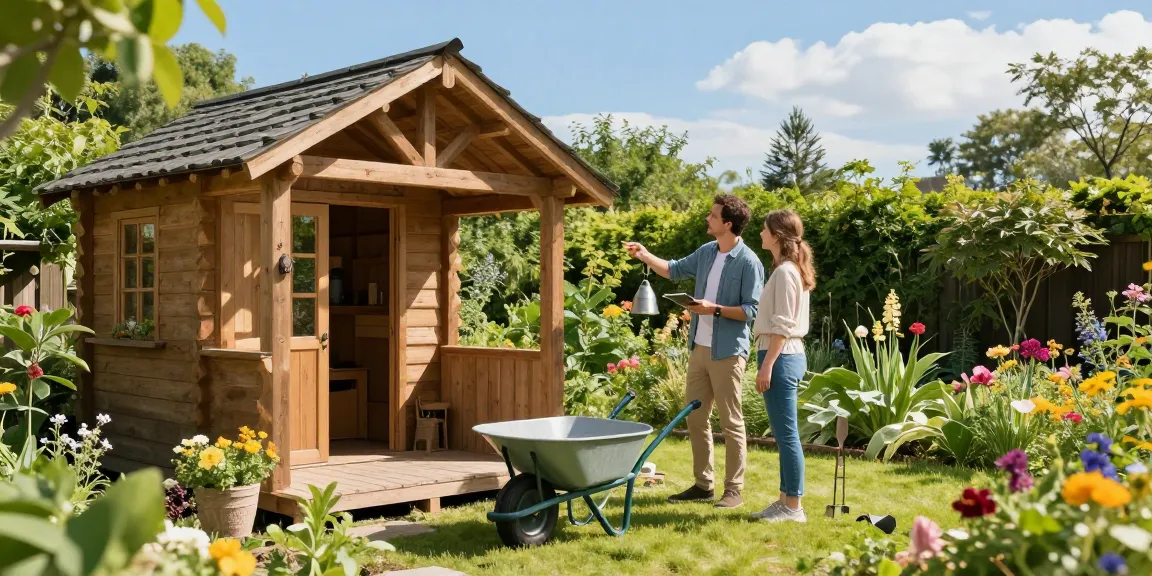 Gartenhaus kaufen in einer malerischen Gartenumgebung, Kunden besichtigen ein Holz-Gartenhaus.