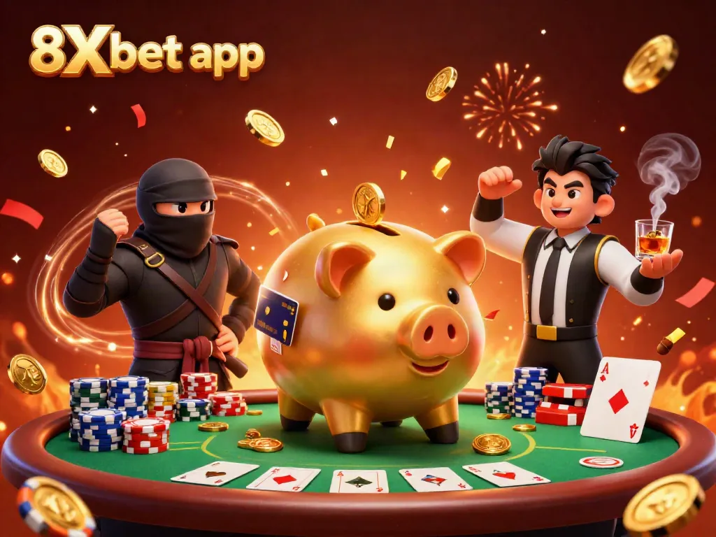 Experience the excitement with the 8Xbet app, featuring thrilling characters and vibrant casino elements.