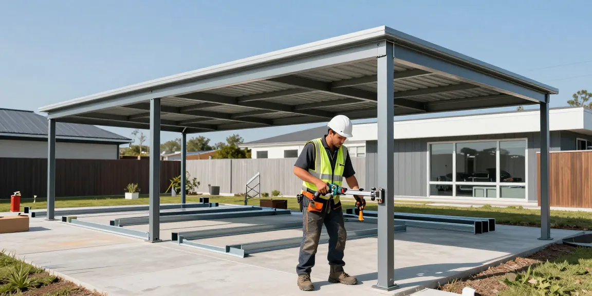 Montage eines Carports mit handwerklichen Details und Sicherheitsausrüstung.