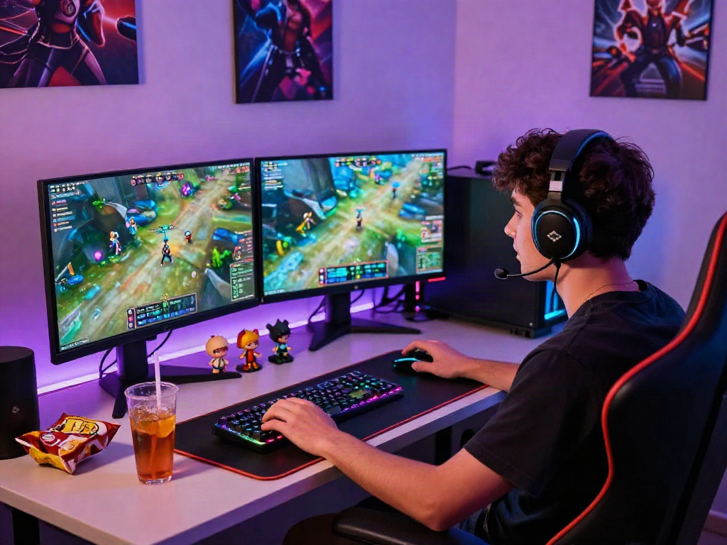 Engaging online gaming scene with rokok88 in a modern setup featuring dual monitors and vibrant ambient lighting.