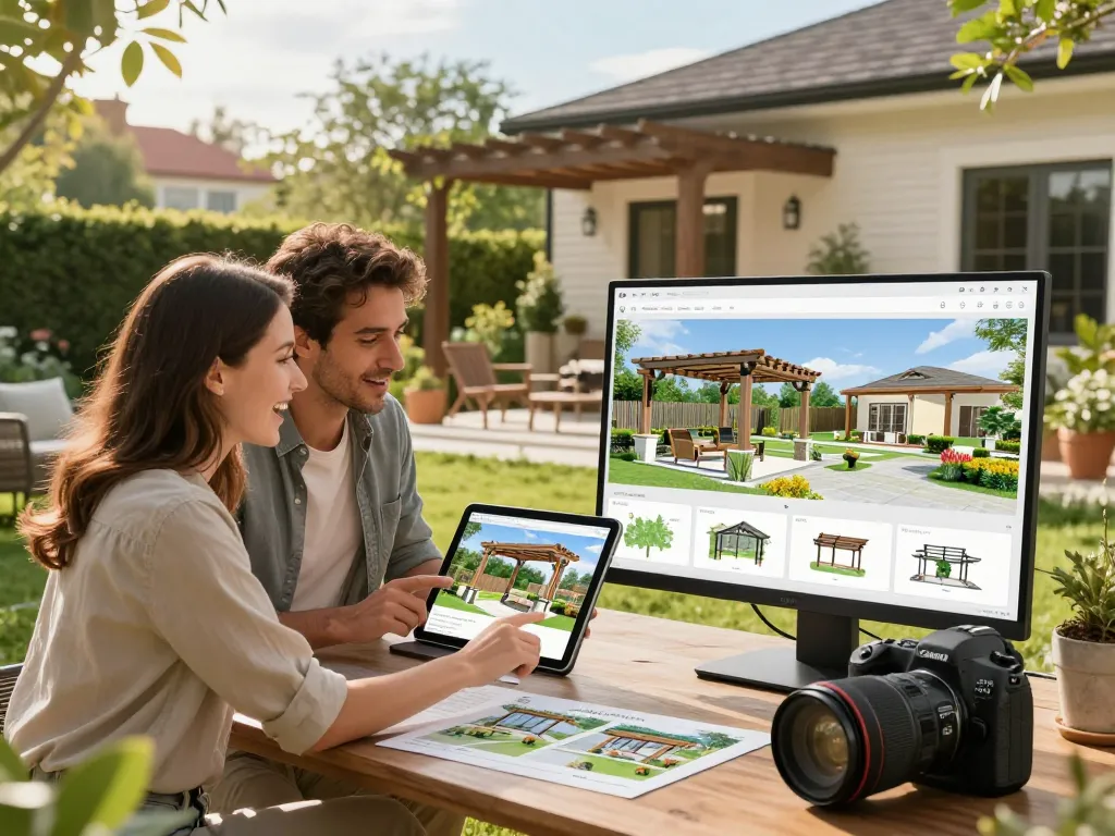 Paar konfiguriert das 3D-Design einer Pergola auf einem Tablet in ihrem Garten.