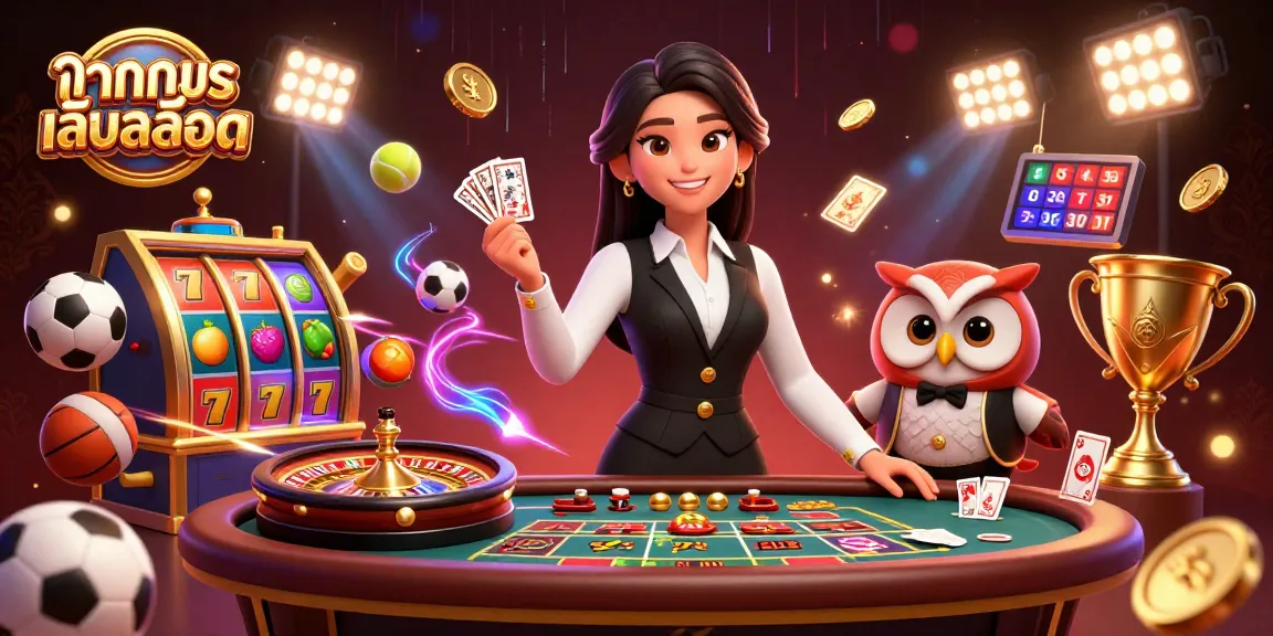 Engage in ทดลองเล่นสล็อต action with dynamic slots, an elegant dealer, and vibrant casino elements.
