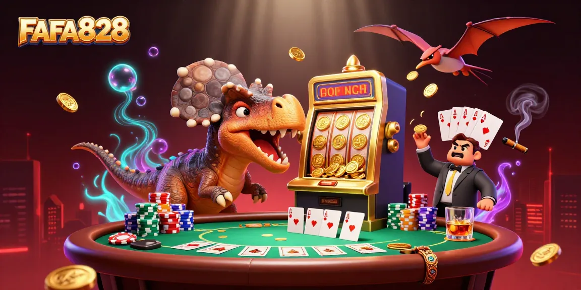 FAFA828 showcases a cartoon dinosaur winning a jackpot from a slot machine amidst vibrant casino elements.