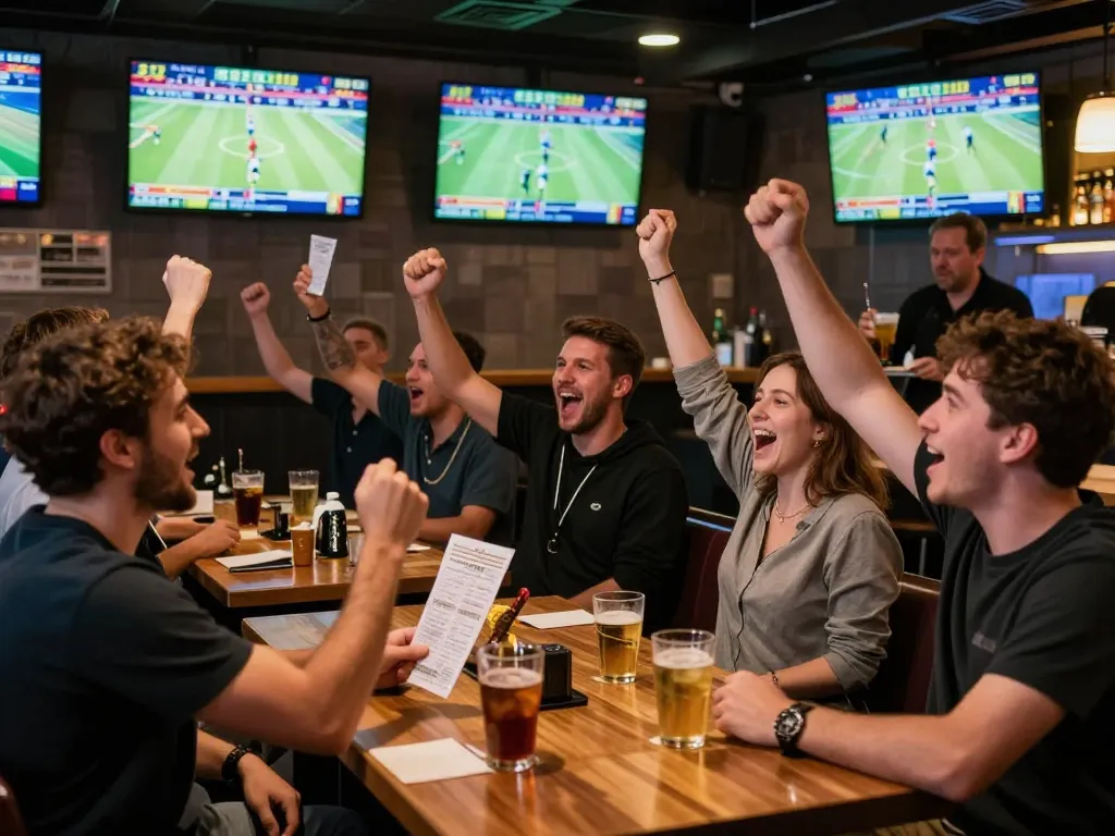 Fans engaged in sports betting excitement at a bar, showcasing 789betpa's thrilling atmosphere and social interactions.
