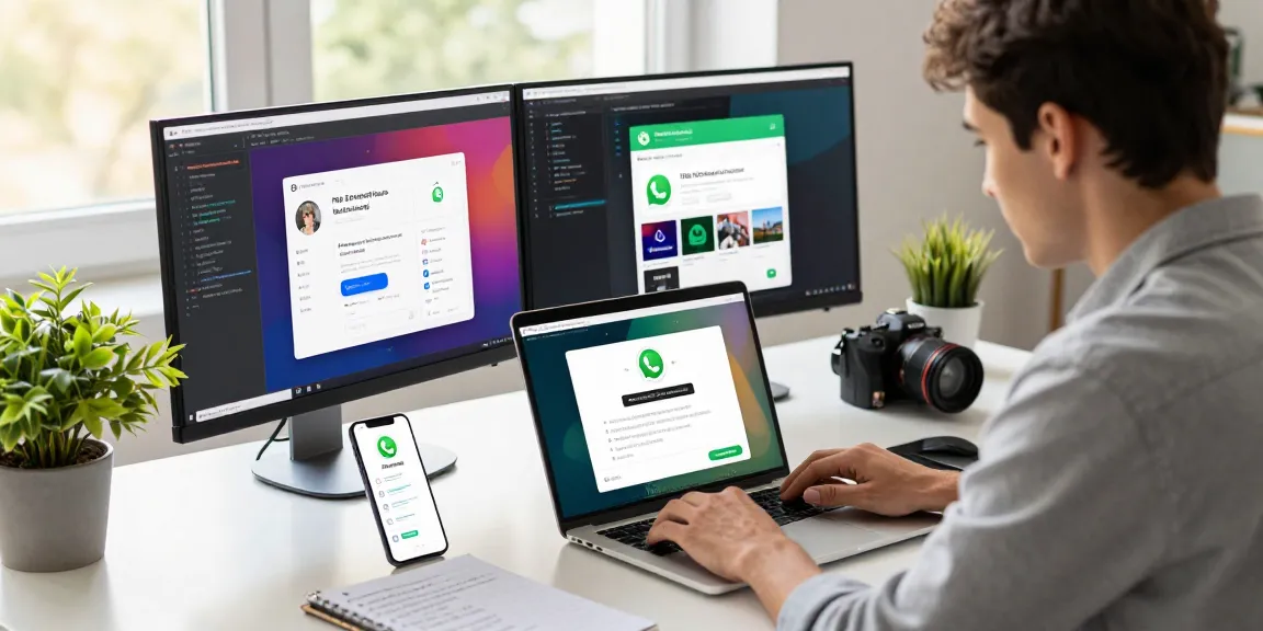 FM WhatsApp download page displayed on laptop in a modern workspace, showcasing digital communication.