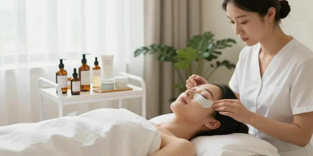 Augenringe entfernen in einem beruhigenden Beauty-Spa, natürliche Hautpflegeprodukte vor dem Behandlungstisch.