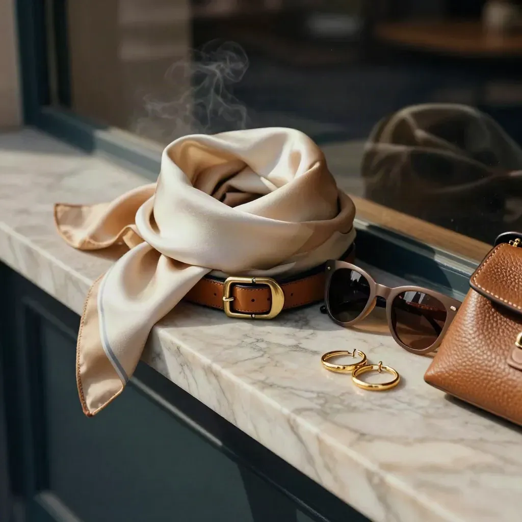 Accessoires auf einer Marmorkante, ein Schal flattert im Wind, goldene Akzente.