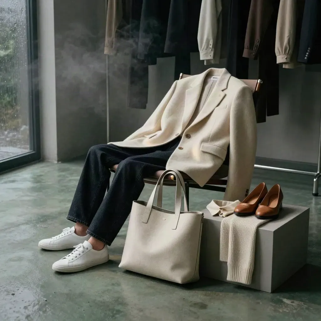Ivory-Blazer, Jeans, Sneaker und Tote auf Loungechair im Morgenlicht