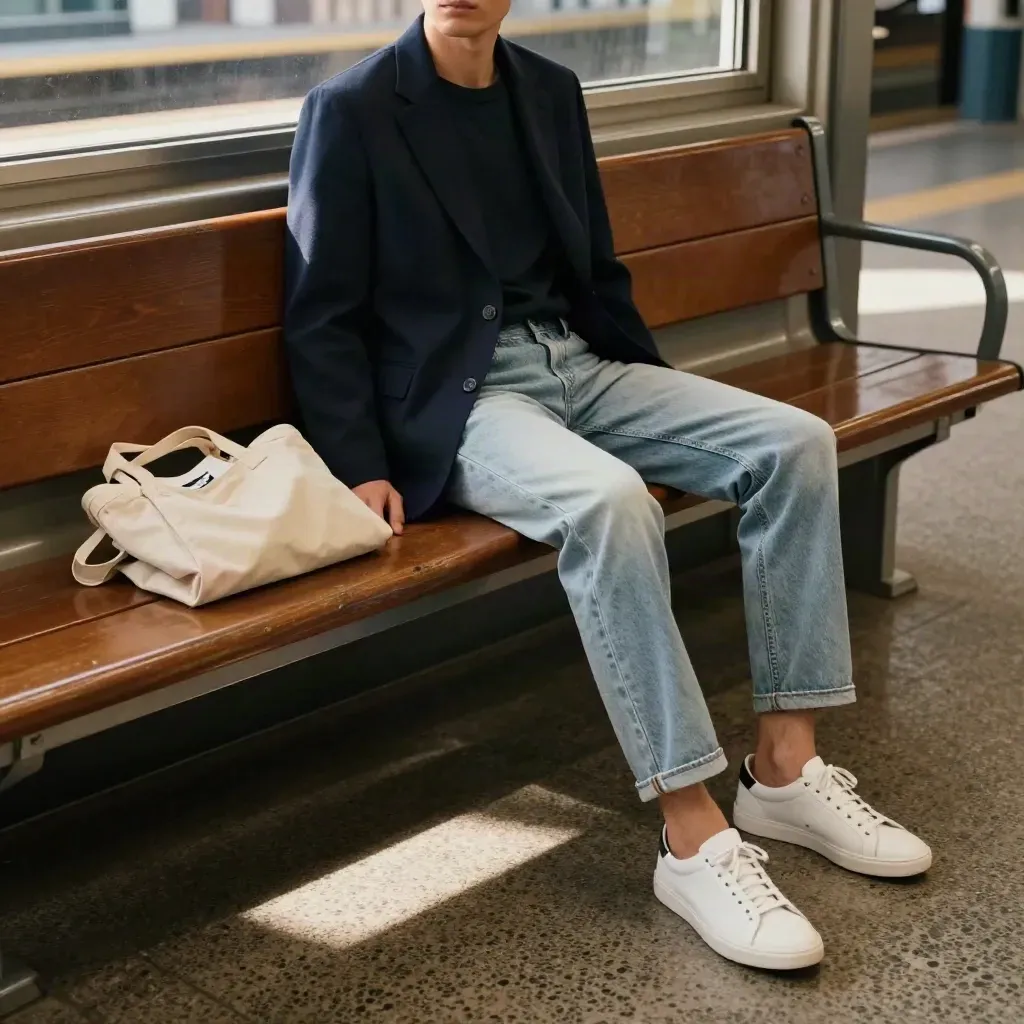 Navyblazer, Jeans und weiße Sneaker auf einer Holzbank im Bahnhof, weich und elegant.