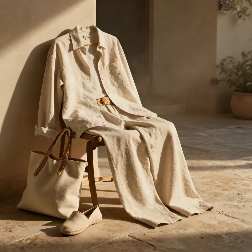 Beiger Sommerlook auf Terrassenstuhl im warmen Abendlicht mit Leinen, Sandhose und Espadrilles