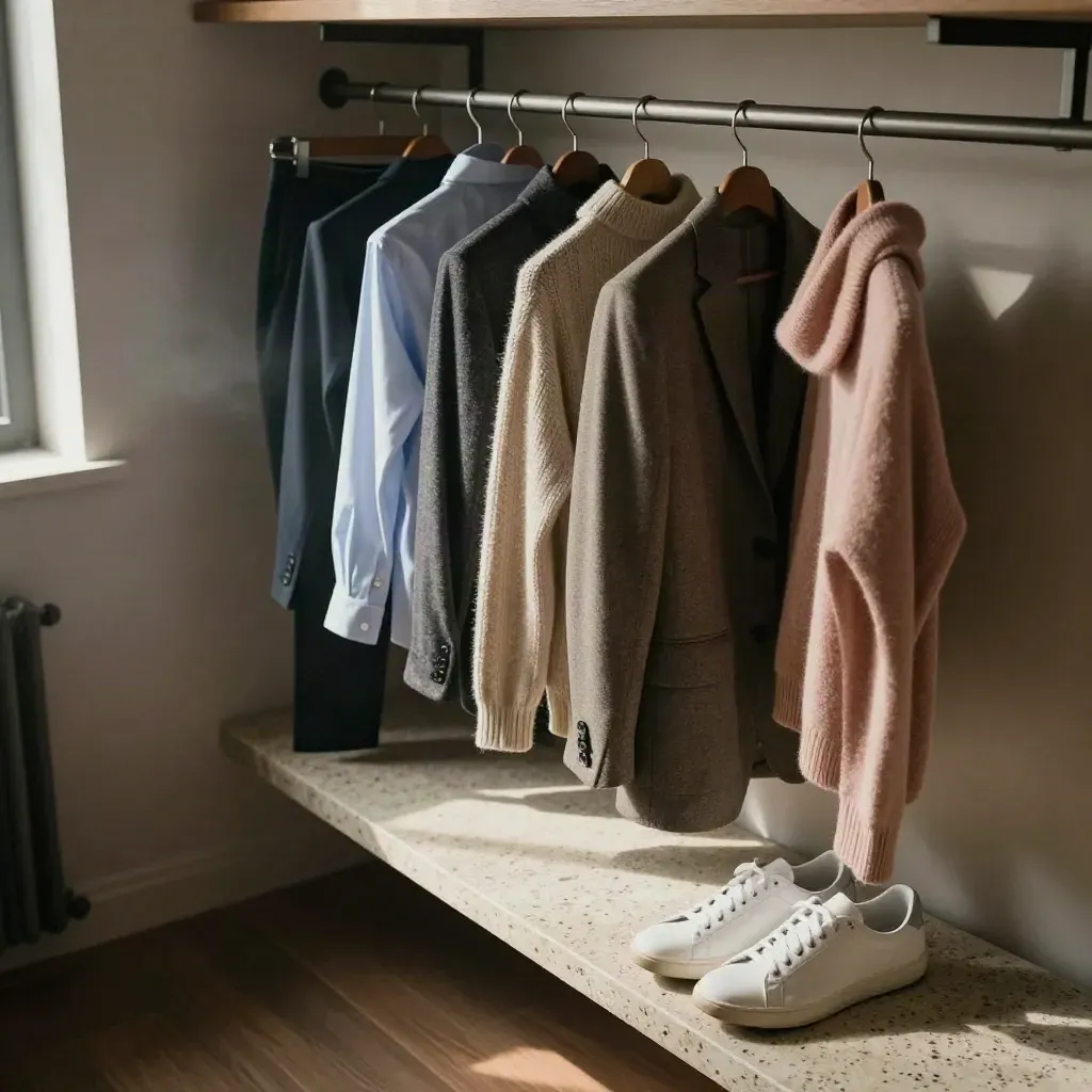 Kapselgarderobe mit sieben Outfits auf einer Travertinbank, ein pinker Strick hängt halb herunter.