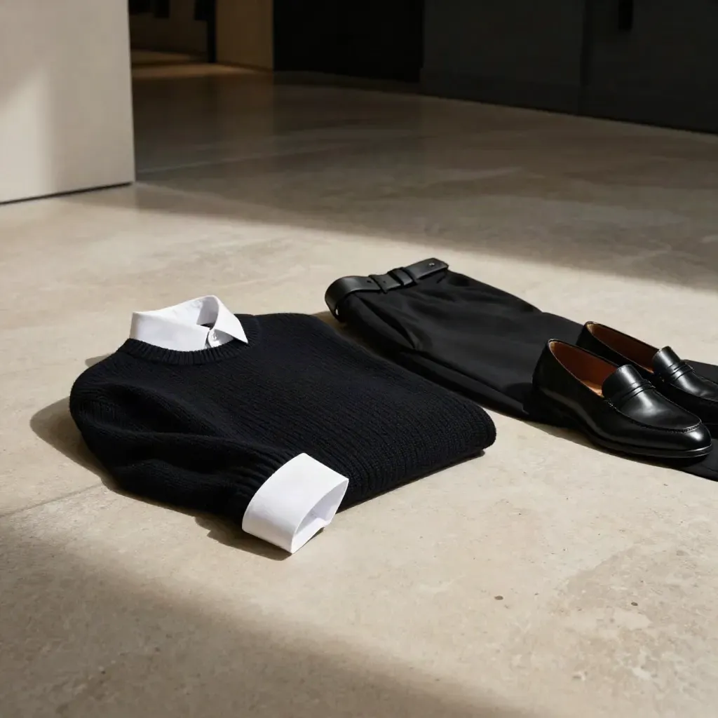 Schwarz-weißes Outfit auf Galeriefloor mit Knit, Hemd, Hose, Gürtel und Loafers im Schattenkorridor