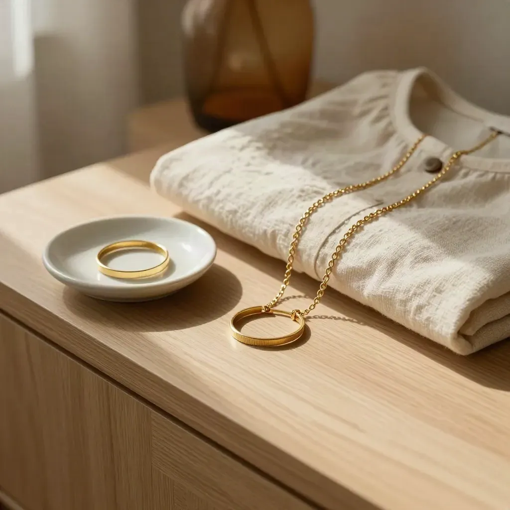 Goldschmuck neben gefaltetem Bluse auf Nachttisch im warmen Seitenlicht.