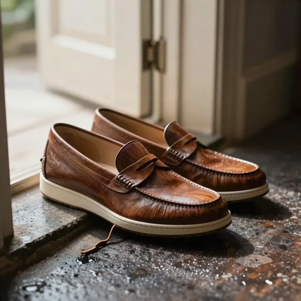 Loafer und Sneaker mit Schuhbaum an einer nassen Wohnungsschwelle, eine Schnürsenkelspitze hängt herab.