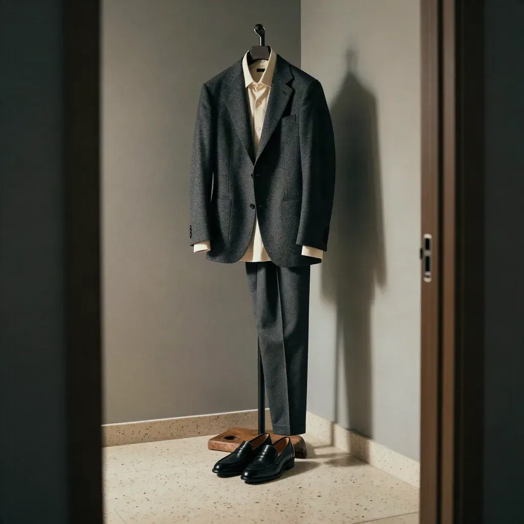 Blazer, Hemd, Hose und Loafer an einer Garderobe im Flur.