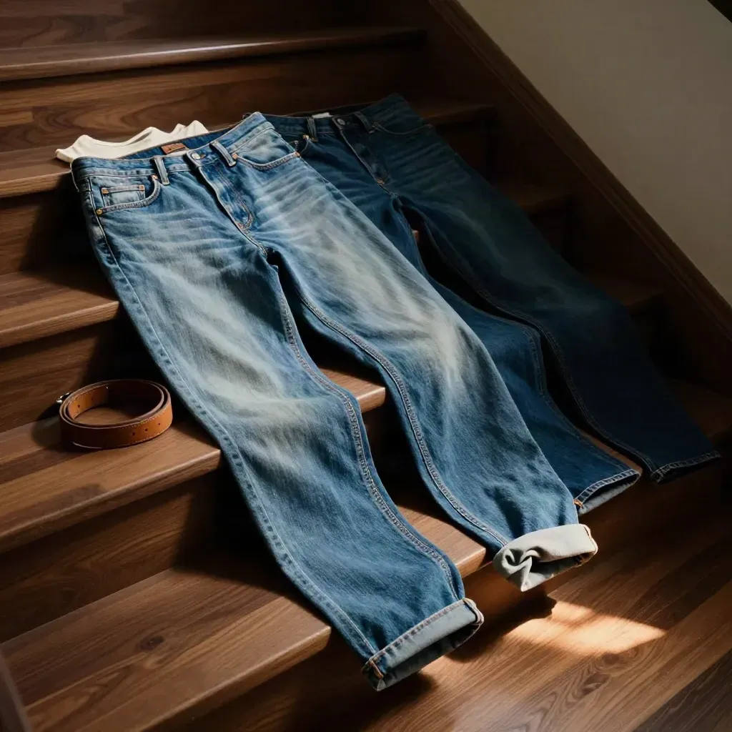Jeans in drei Waschungen auf einer Treppe, mit Gürtel und weißem T‑Shirt, eine Manschette noch gefaltet.