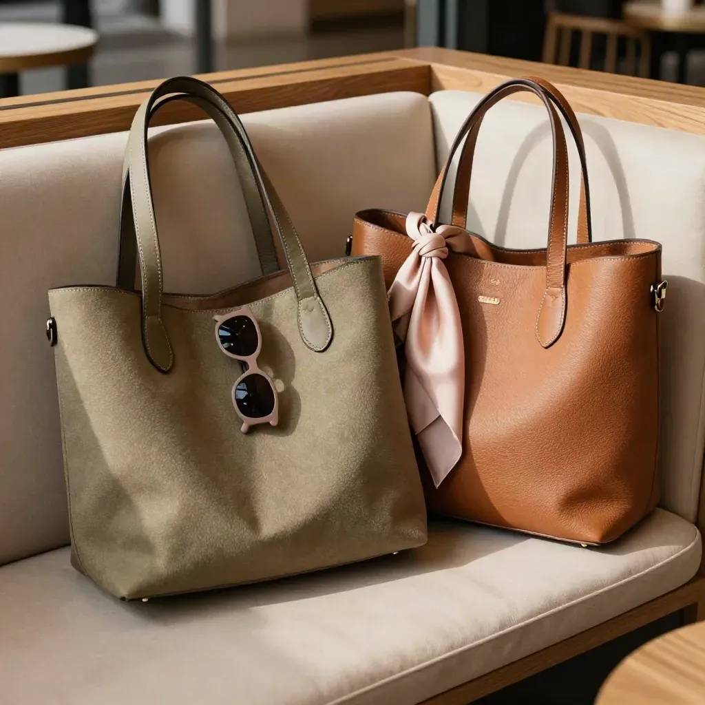Tote Bags, Schal und Sonnenbrille auf einer Café-Bank im warmen Fensterlicht.