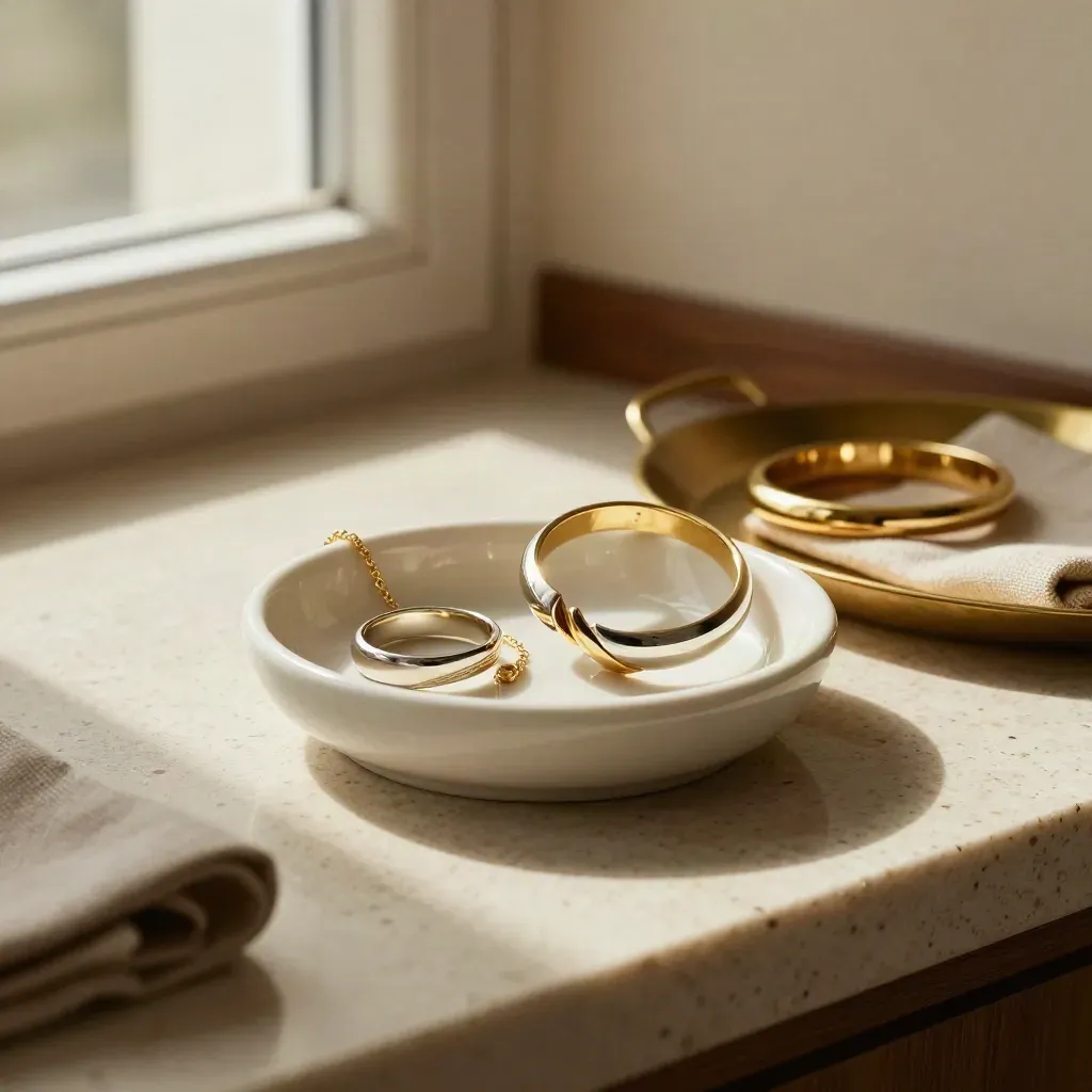 Goldene Ringe und Armbänder in einer hellen Schmuckschale auf Travertin, warmes Fensterlicht.