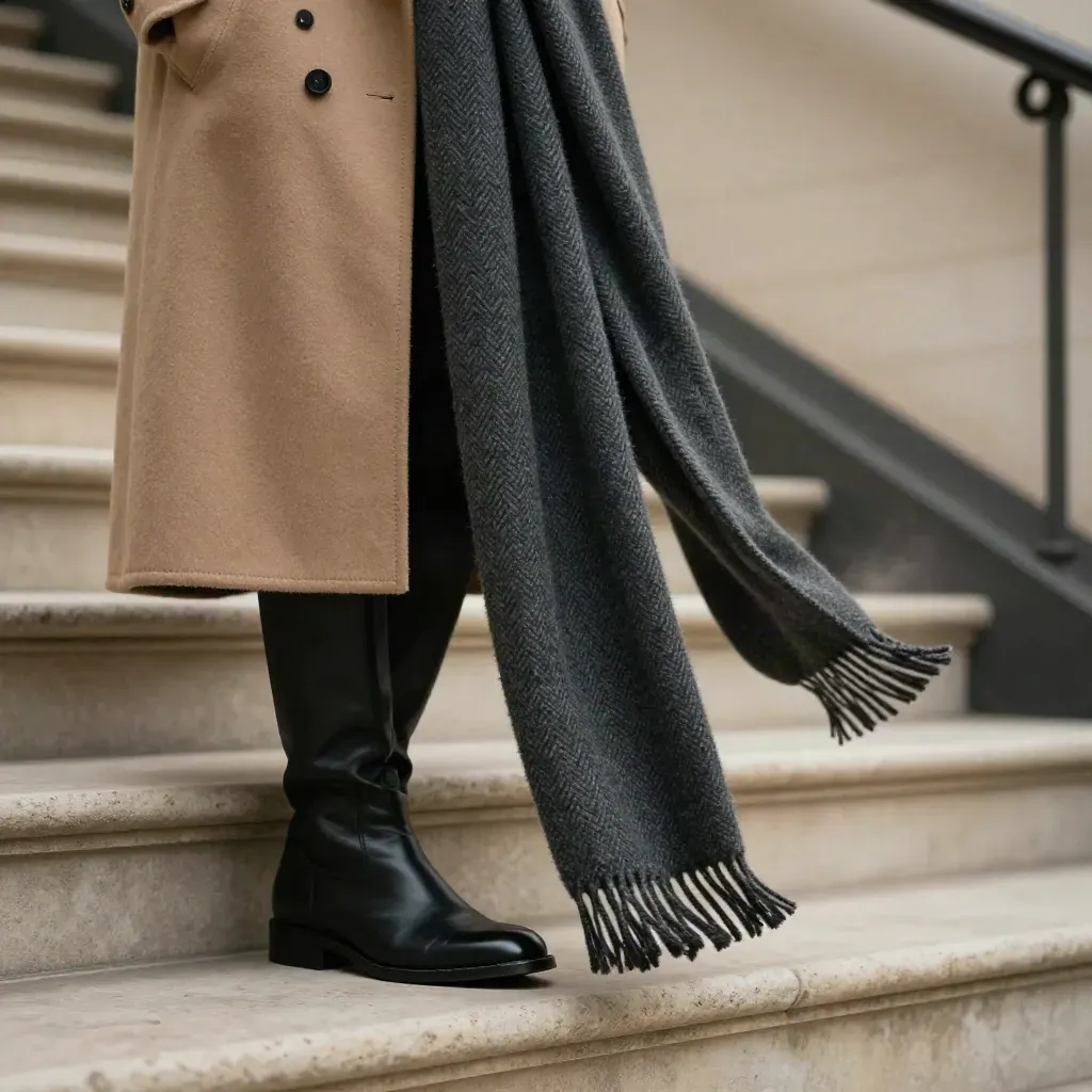 Schal und Mantel auf einer Steintreppe, Stiefel, dramatische Schatten, moderner Editorial-Look
