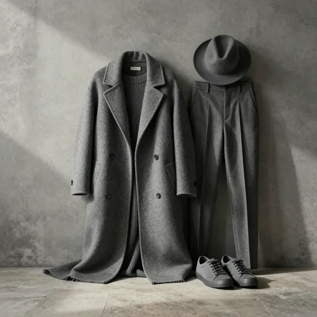 Graues Outfit-Arrangement aus Mantel, Strick, Hose, Sneakern und Filzhut an Betonwand.