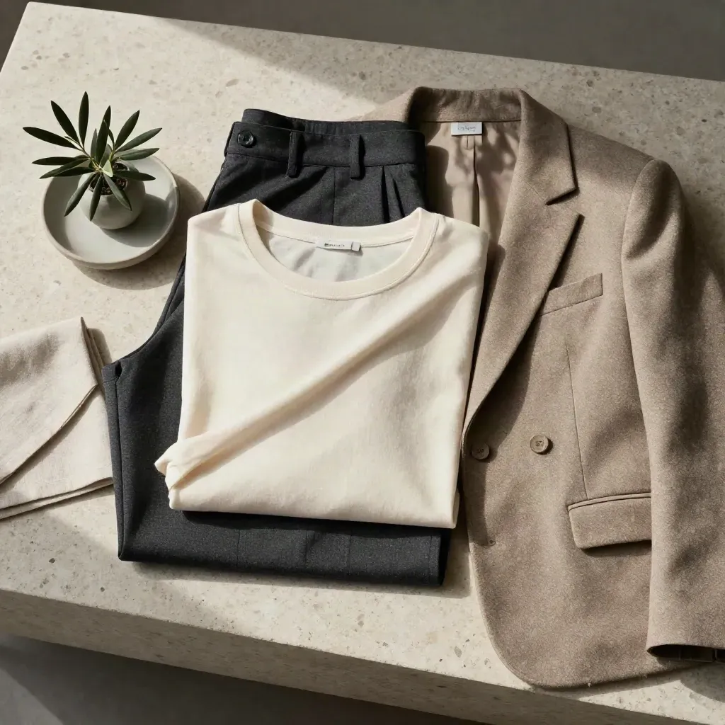 Capsule-Wardrobe aus Creme, Anthrazit und Oatmeal mit Olivenzweig auf hellem Stein