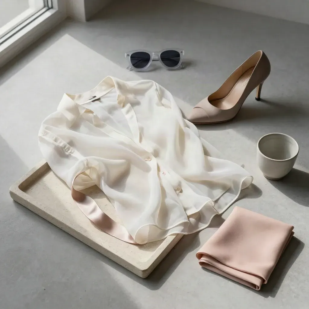 Mode-Accessoires auf Steintablett: transparente Bluse, Schleife, Absatzschuh, Etui, Becher und Tuch