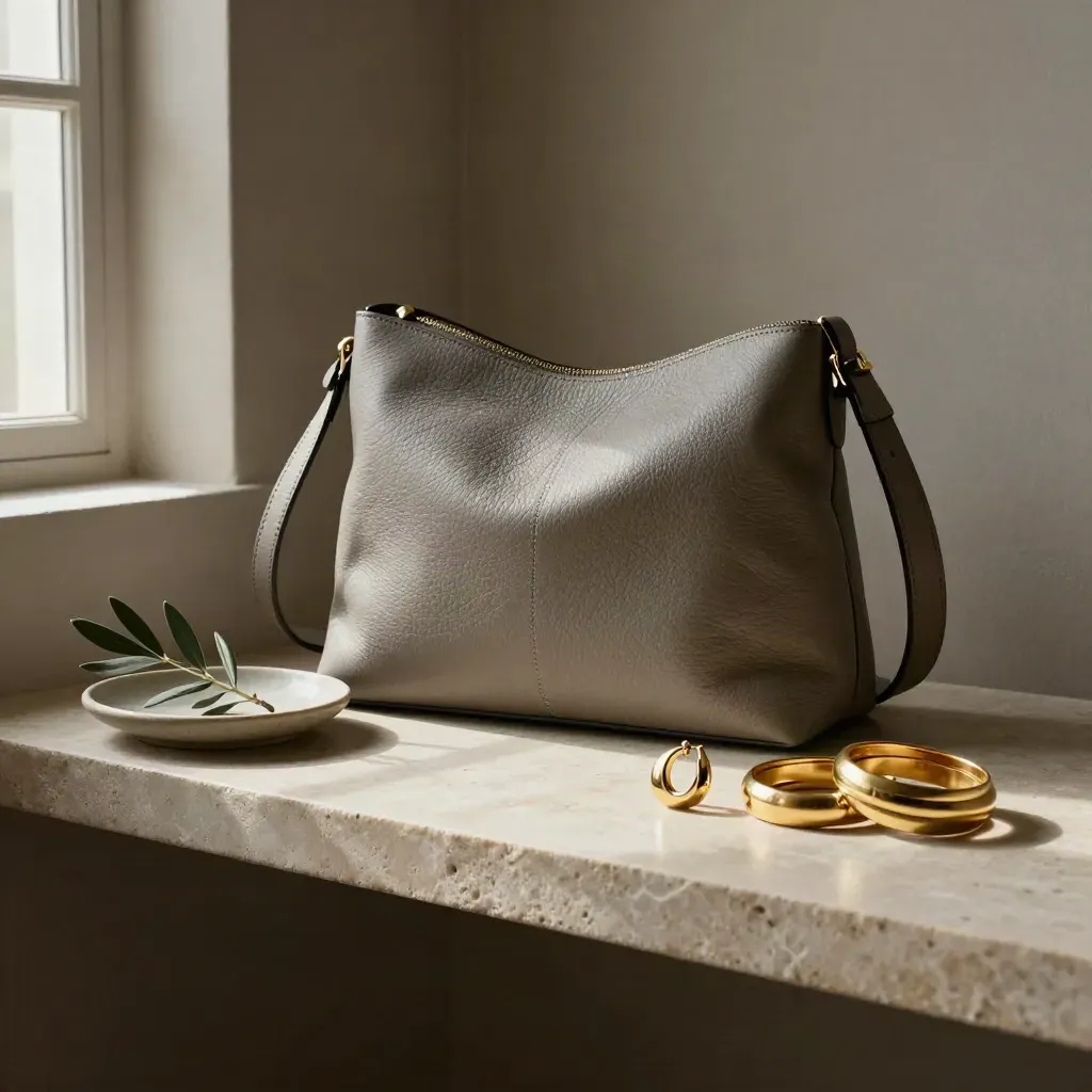 Elegante Accessoire-Stillleben mit Tasche, Gürtel, Schmuck und Schale auf Steinsims.