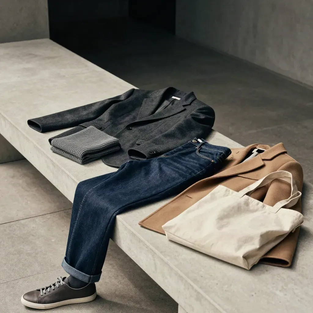 Charakteristische Outfit-Kombination auf einer Betonbank mit Blazer, Jeans, Sneakern und Tasche.