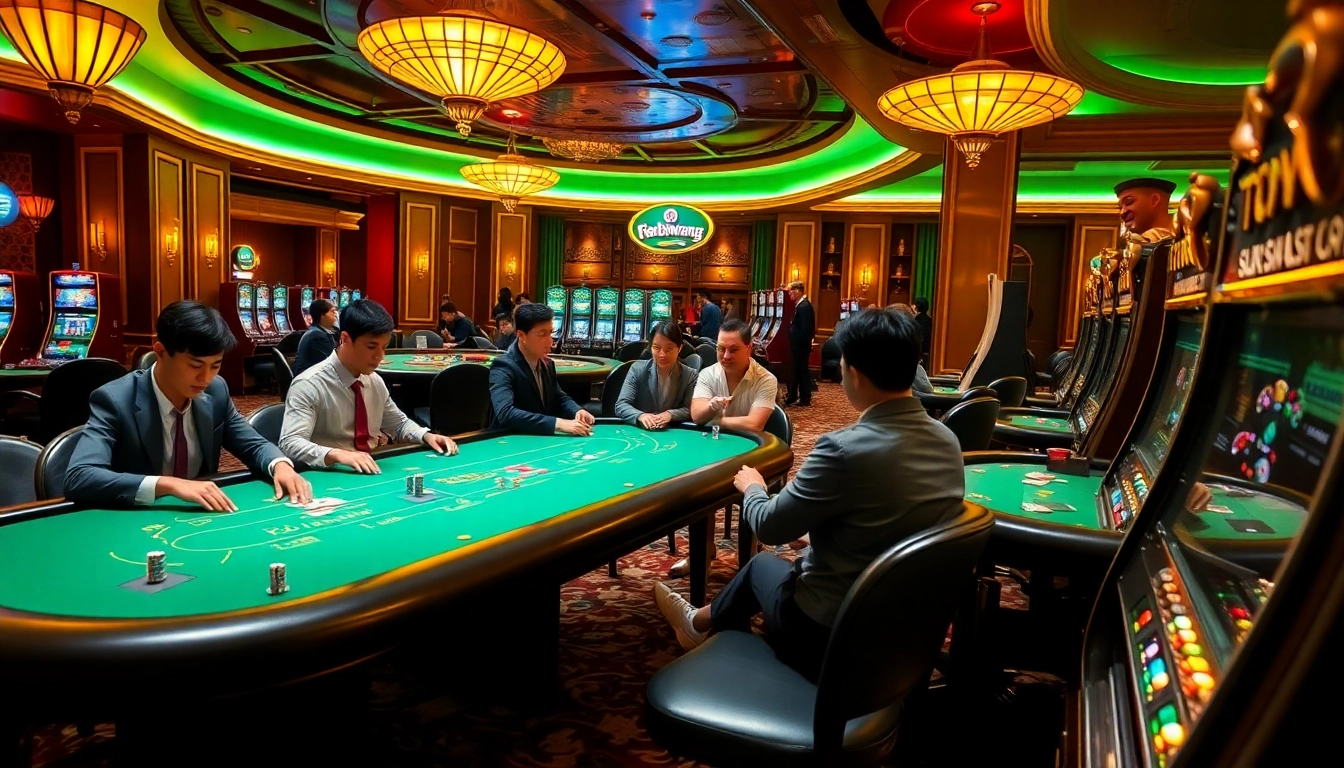 A scene of excitement in a casino featuring poker tables and slot machines, representing rr88wang.com.