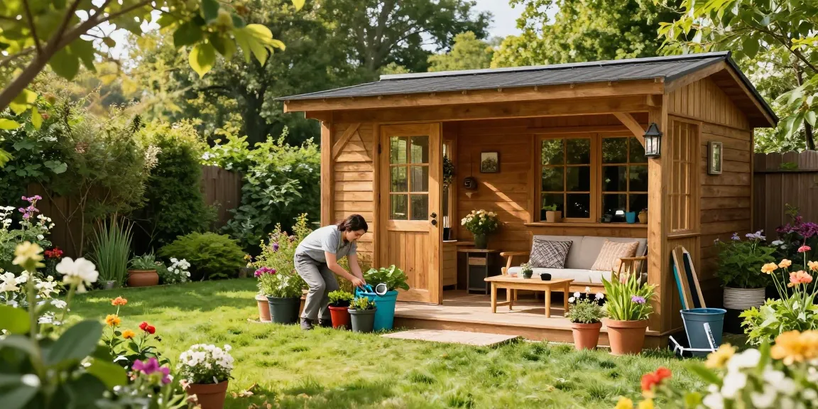 Attraktive Gartenhäuser umgeben von blühenden Pflanzen und Gartenwerkzeugen.